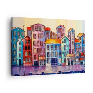Cuadro sobre lienzo - Impresión de Imagen - Casas de vecindad coloridas junto al agua en un estilo artístico - 70x50cm - Una ciudad como un cuento de hadas - Decoración de pared moderna para salón y dormitorio ARTTOR
