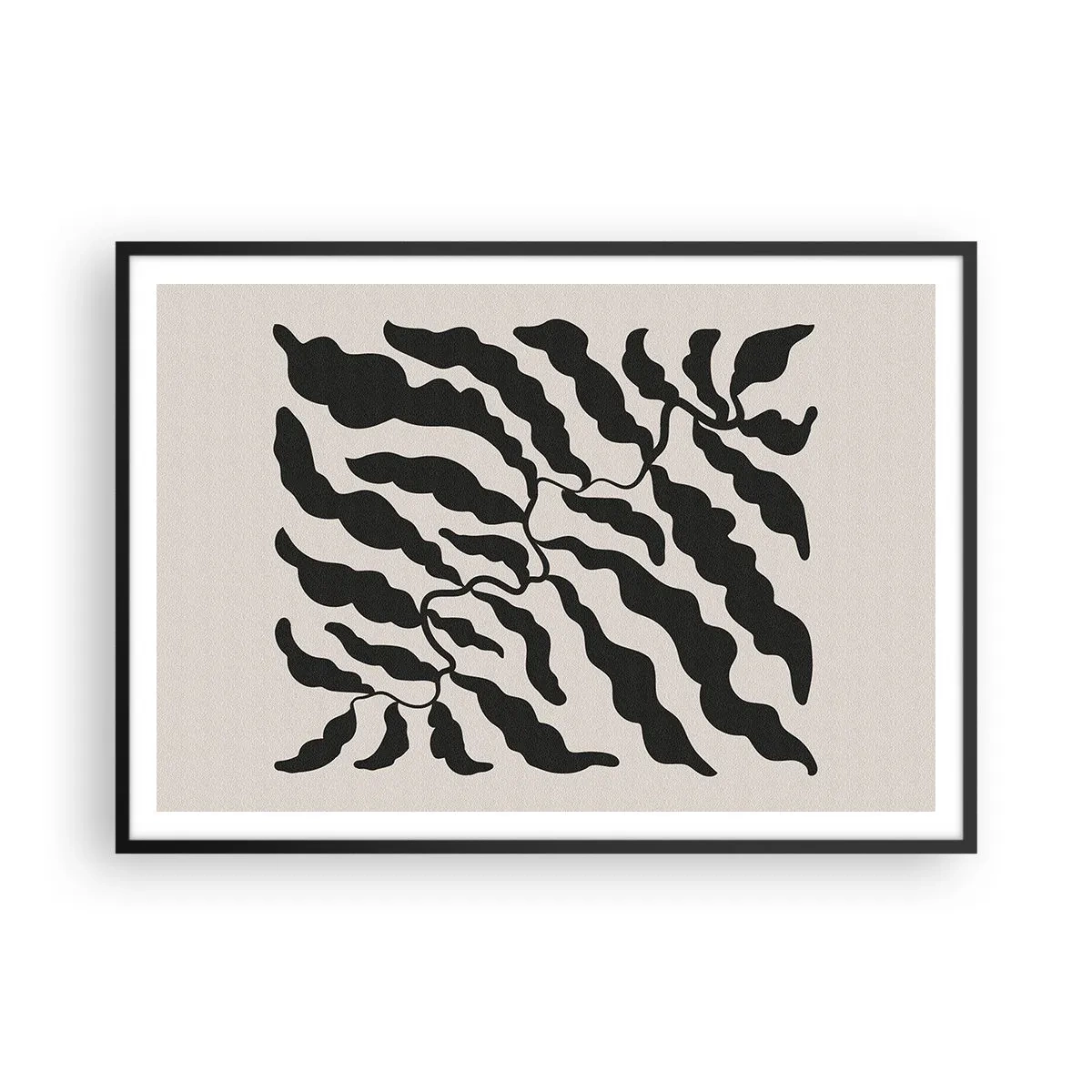 Póster en marco negro - Ramitas con hojas en negro sobre un fondo claro - 100x70cm - La naturaleza de un cuadrado - Decoración de pared moderna para salón y dormitorio ARTTOR