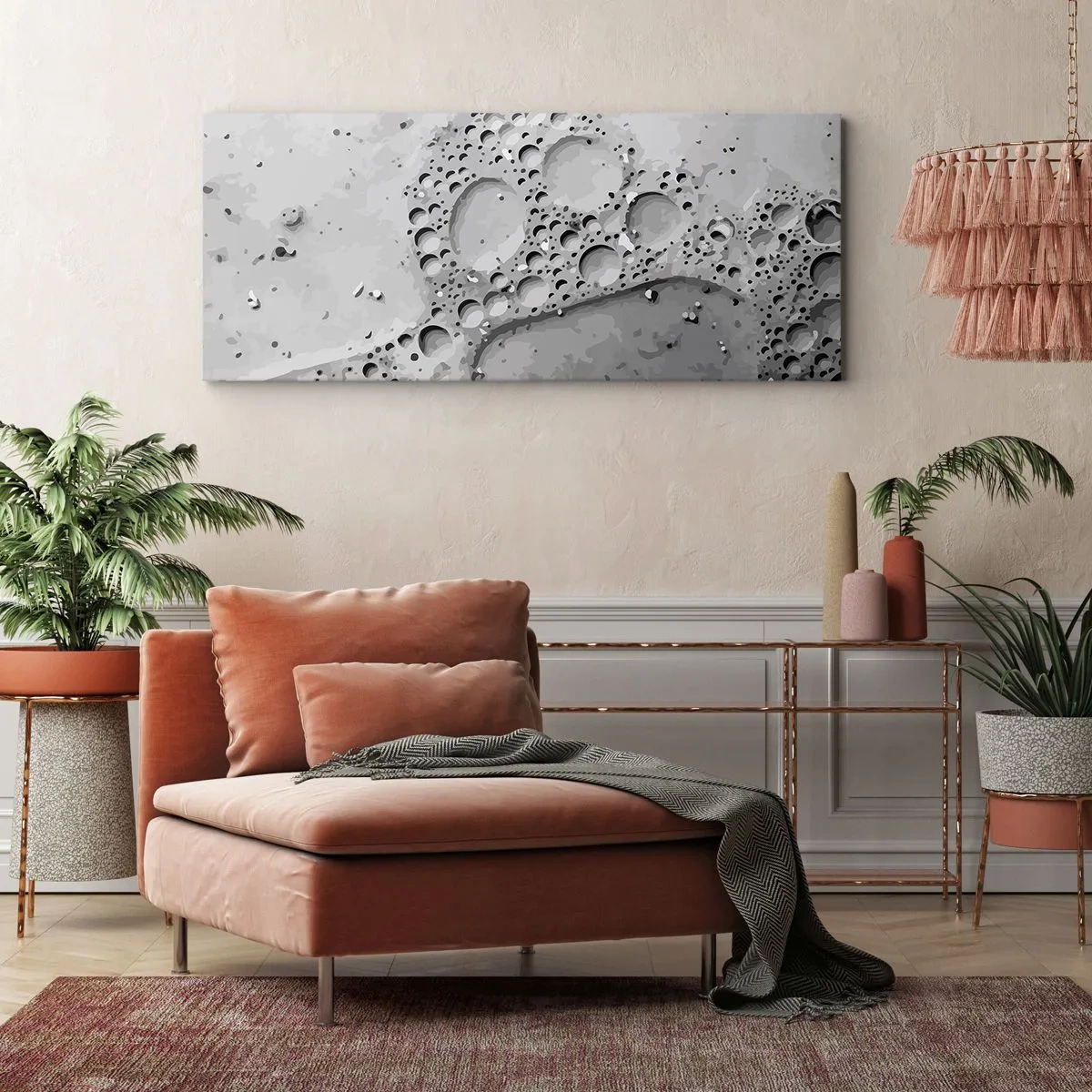 Cuadro sobre lienzo - Impresión de Imagen - Patrón de burbujas en blanco y negro en un estilo minimalista. - 120x50cm - Rastro espumoso - Decoración de pared moderna para salón y dormitorio ARTTOR