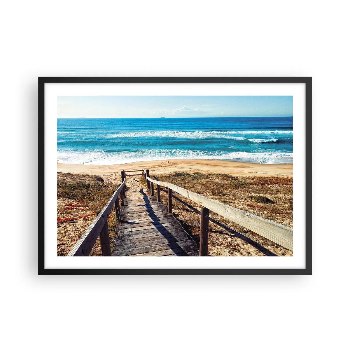 Póster en marco negro - Camino de madera que conduce a la playa. - 70x50cm - ¡Corre! - Decoración de pared moderna para salón y dormitorio ARTTOR