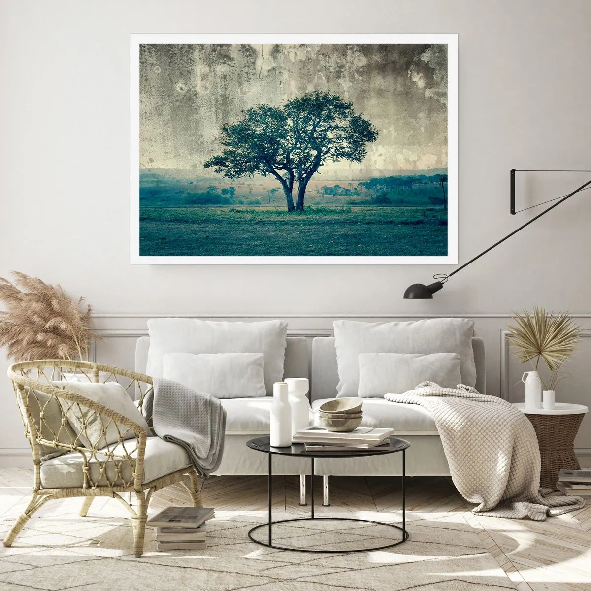 Póster - Un árbol solitario contra un paisaje brumoso. - 100x70cm - El manzano - Decoración de pared moderna para salón y dormitorio ARTTOR