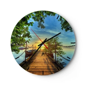 Reloj de pared - Reloj de vidrio - Un muelle junto al lago al atardecer rodeado de vegetación. - 30x30cm - Atardecer junto al agua - Decoración de pared moderna para salón, cocina y dormitorio ARTTOR