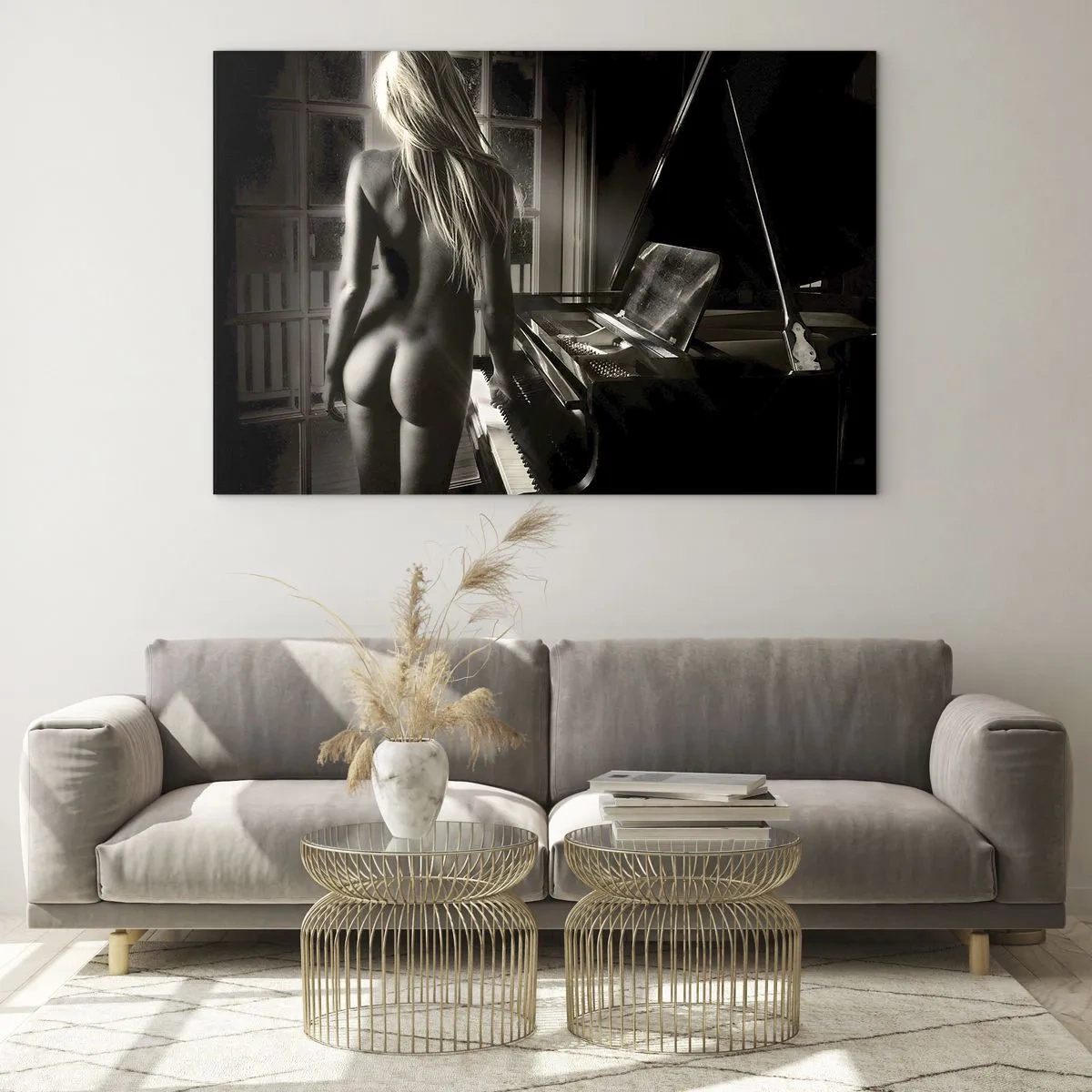 Cuadro sobre vidrio - Impresiones sobre Vidrio - Una mujer al piano bajo una iluminación sepia. - 70x50cm - Perfecta armonía de la noche - Decoración de pared moderna para salón y dormitorio ARTTOR