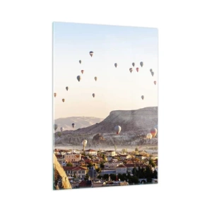 Cuadro sobre vidrio - Impresiones sobre Vidrio - Vuelo en globo sobre Capadocia a la luz de la mañana. - 50x70cm - Surcando los cielos - Decoración de pared moderna para salón y dormitorio ARTTOR