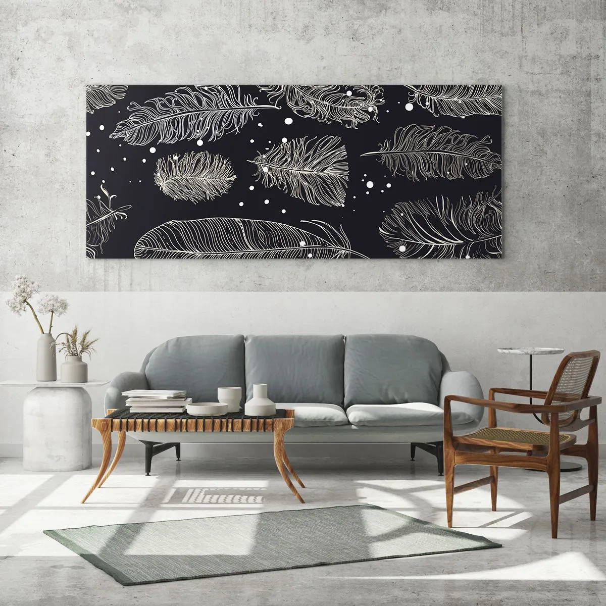 Cuadro sobre vidrio - Impresiones sobre Vidrio - Delicadas plumas blancas sobre un fondo azul marino. - 120x50cm - Encaje de plumas - Decoración de pared moderna para salón y dormitorio ARTTOR