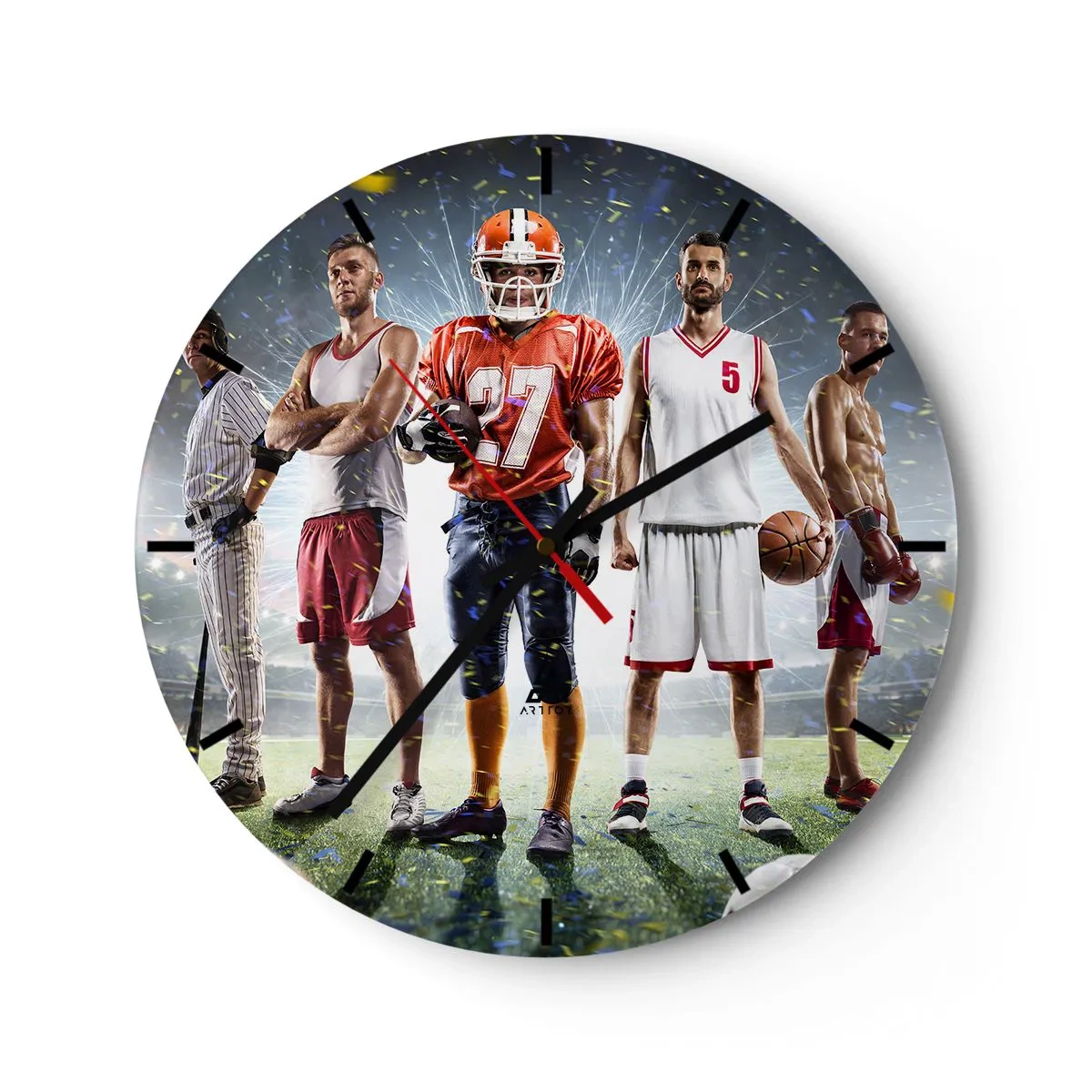 Reloj de pared - Reloj de vidrio - Un grupo de atletas con el telón de fondo de un estadio iluminado por focos. - 30x30cm - Gladiadores sobre los terrenos de juego - Decoración de pared moderna para salón, cocina y dormitorio ARTTOR
