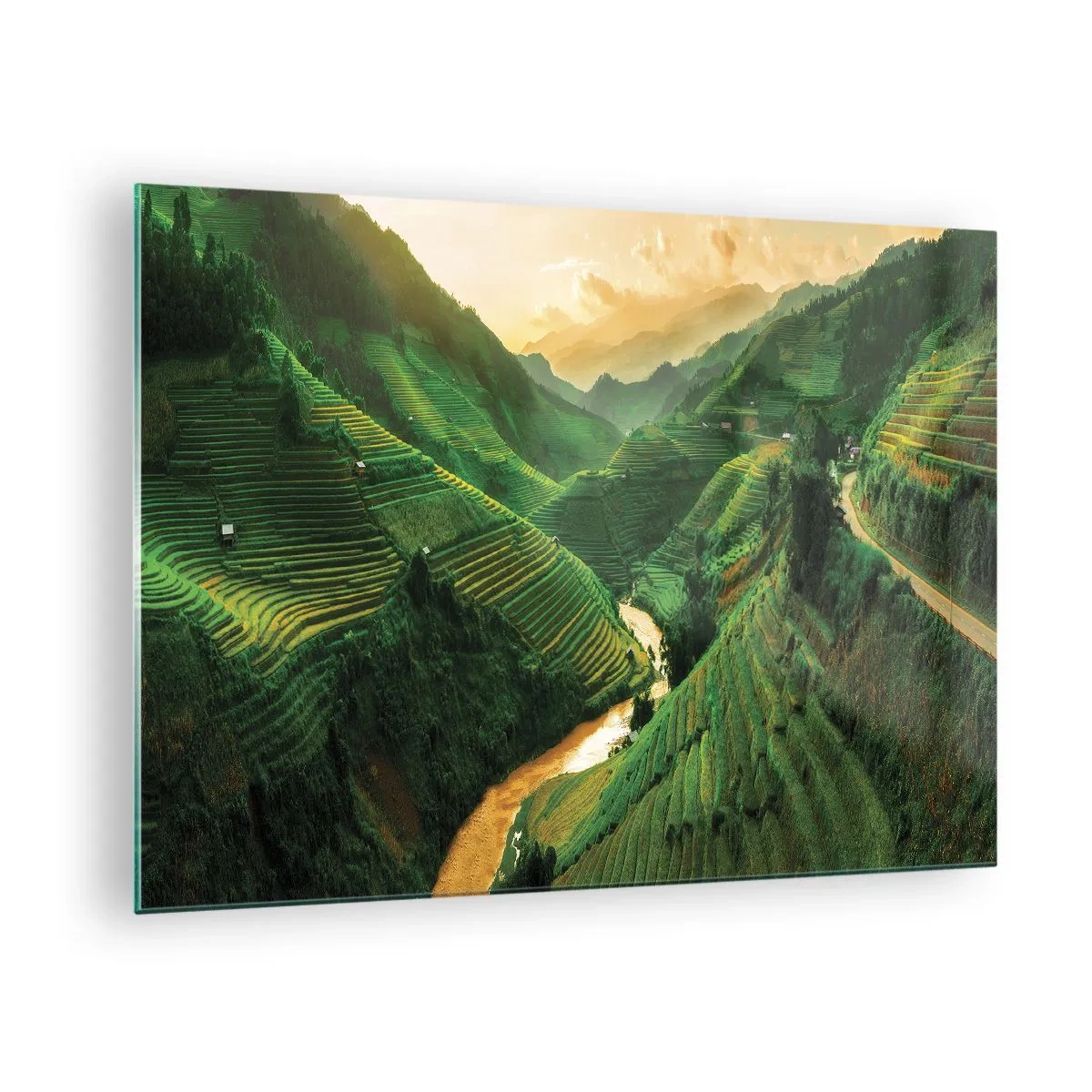 Cuadro sobre vidrio - Impresiones sobre Vidrio - Pintorescas terrazas de arroz en el valle al atardecer - 70x50cm - Valle vietnamita - Decoración de pared moderna para salón y dormitorio ARTTOR