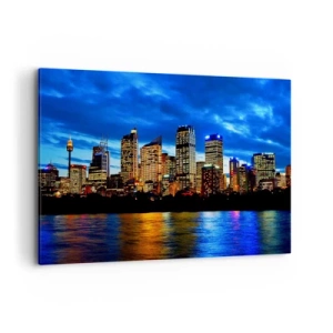Cuadro sobre lienzo - Impresión de Imagen - Panorama de la ciudad nocturna con rascacielos iluminados sobre el agua. - 100x70cm - Noche de luces y colores - Decoración de pared moderna para salón y dormitorio ARTTOR