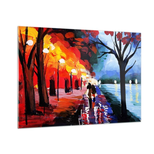 Cuadro sobre vidrio - Impresiones sobre Vidrio - Una pareja caminando en un parque colorido al atardecer. - 100x70cm - Otoño en el parque - Decoración de pared moderna para salón y dormitorio ARTTOR