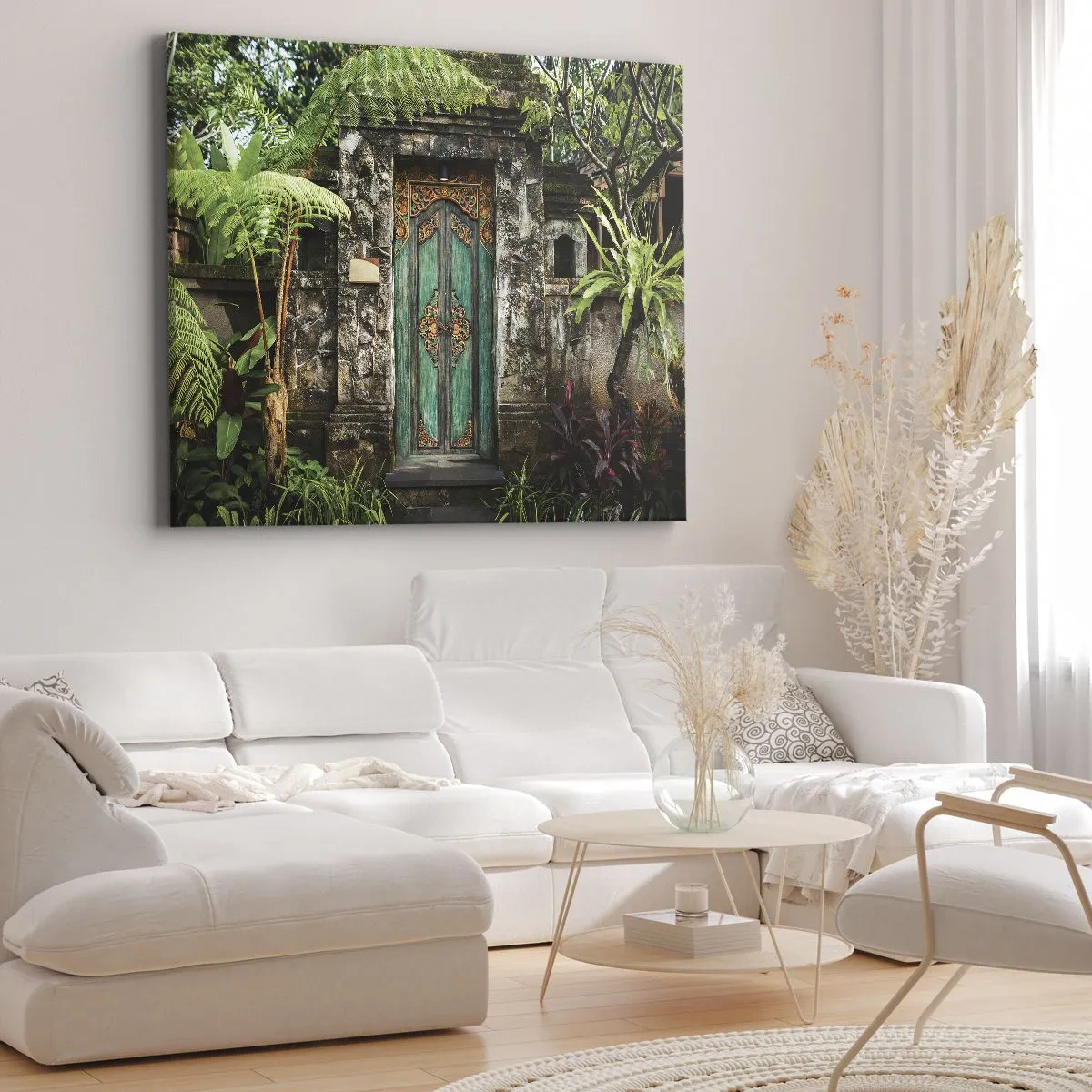 Cuadro sobre lienzo - Impresión de Imagen - Puertas decorativas rodeadas de vegetación tropical. - 100x70cm - Una puerta a un mundo exótico - Decoración de pared moderna para salón y dormitorio ARTTOR