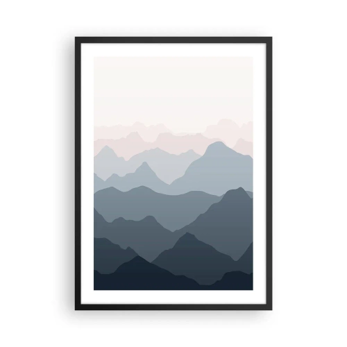 Póster en marco negro - Cadenas montañosas estratificadas en tonos de azul y gris - 50x70cm - Cordilleras a la vista - Decoración de pared moderna para salón y dormitorio ARTTOR