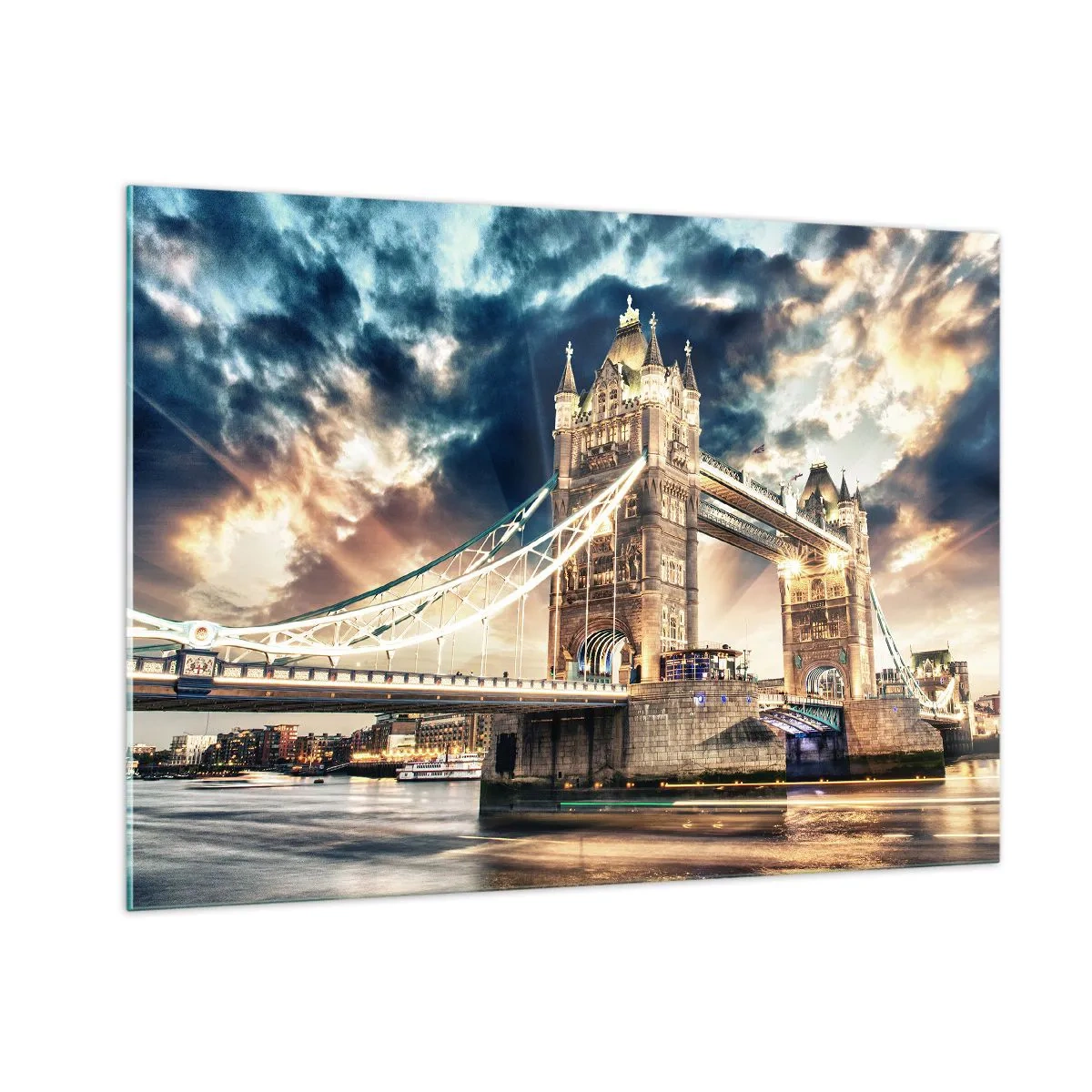 Cuadro sobre vidrio - Impresiones sobre Vidrio - El Tower Bridge de Londres bajo un cielo espectacular - 100x70cm - Un monumento a un imperio victoriano - Decoración de pared moderna para salón y dormitorio ARTTOR