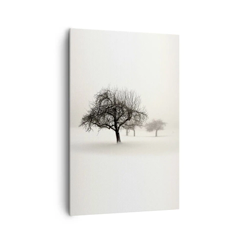 Cuadro sobre lienzo - Impresión de Imagen - Árboles en un campo cubierto de nieve rodeado de niebla. - 80x120cm - Sueño de invierno - Decoración de pared moderna para salón y dormitorio ARTTOR