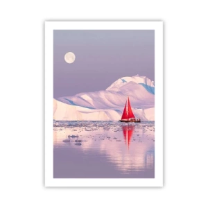 Póster - Una vela roja con un fondo de icebergs bajo la luna llena. - 50x70cm - El calor de la vela, el frío del hielo - Decoración de pared moderna para salón y dormitorio ARTTOR