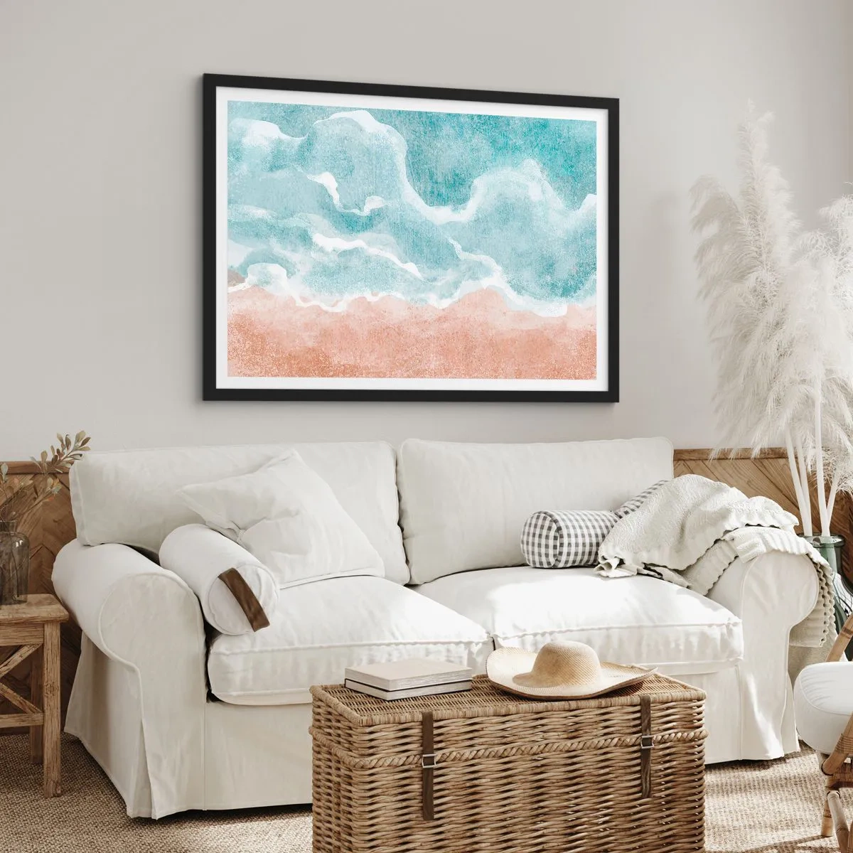 Póster en marco negro - Playa abstracta con olas en tonos azules y beige. - 70x50cm - Abstracción de nubes - Decoración de pared moderna para salón y dormitorio ARTTOR