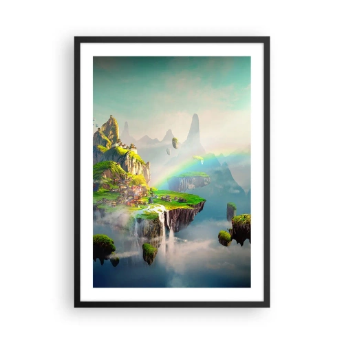 Póster en marco negro - Un paisaje mágico con montañas, un arcoíris y una cascada. - 50x70cm - El medio de la nada - islas flotantes - Decoración de pared moderna para salón y dormitorio ARTTOR