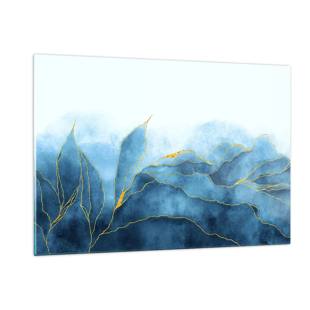 Cuadro sobre vidrio - Impresiones sobre Vidrio - Formas abstractas azules con delicadas líneas doradas. - 120x80cm - Oro y azul - Decoración de pared moderna para salón y dormitorio ARTTOR