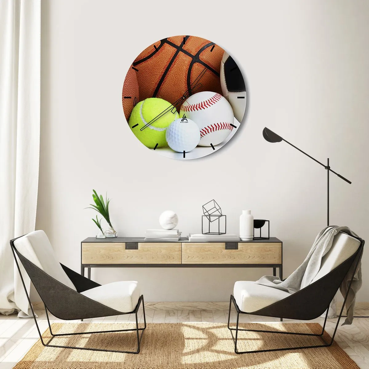 Reloj de pared - Reloj de vidrio - Balones deportivos en diversas disciplinas - 30x30cm - Unidos por el deporte - Decoración de pared moderna para salón, cocina y dormitorio ARTTOR