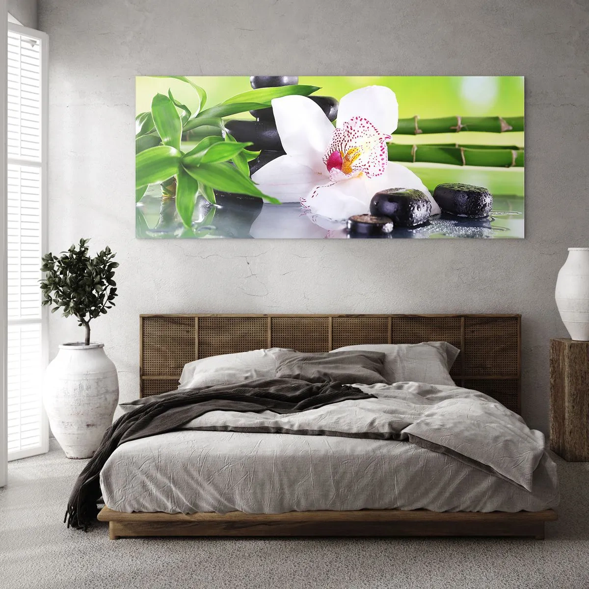 Cuadro sobre vidrio - Impresiones sobre Vidrio - Orquídea, piedras y bambú en una armoniosa composición de spa. - 120x50cm - Frescura - Decoración de pared moderna para salón y dormitorio ARTTOR