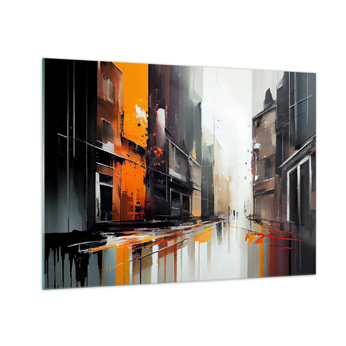 Cuadro sobre vidrio - Impresiones sobre Vidrio - Una calle bajo la lluvia con edificios altos en colores cálidos. - 70x50cm - Día lluvioso - Decoración de pared moderna para salón y dormitorio ARTTOR