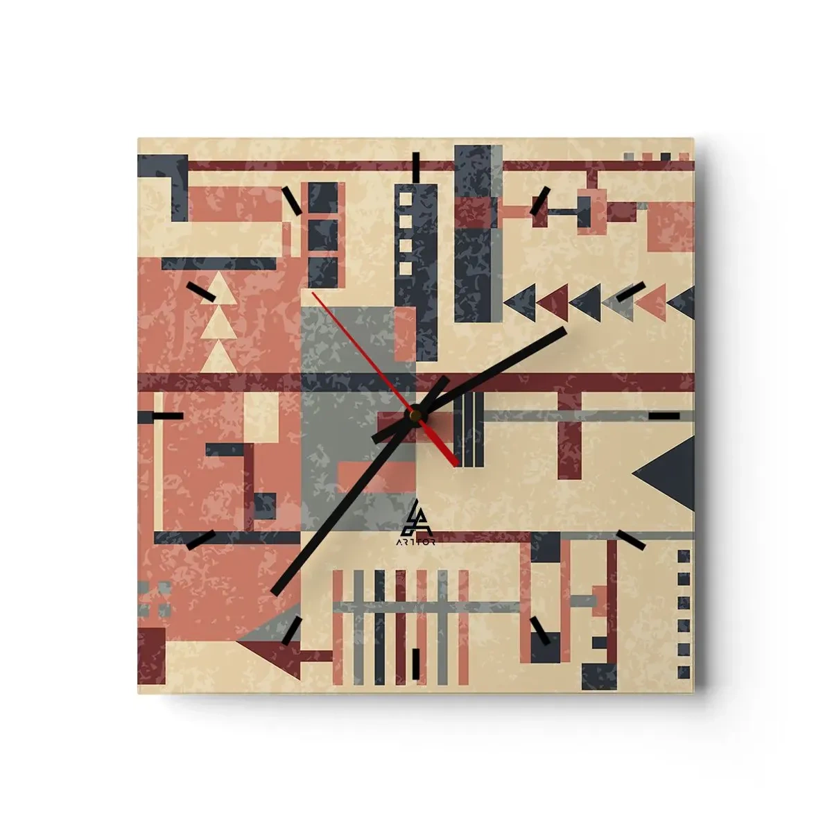 Reloj de pared - Reloj de vidrio - Patrón geométrico en tonos pastel beige, rojo y gris. - 30x30cm - Una combinación de verticales y niveles - Decoración de pared moderna para salón y dormitorio ARTTOR
