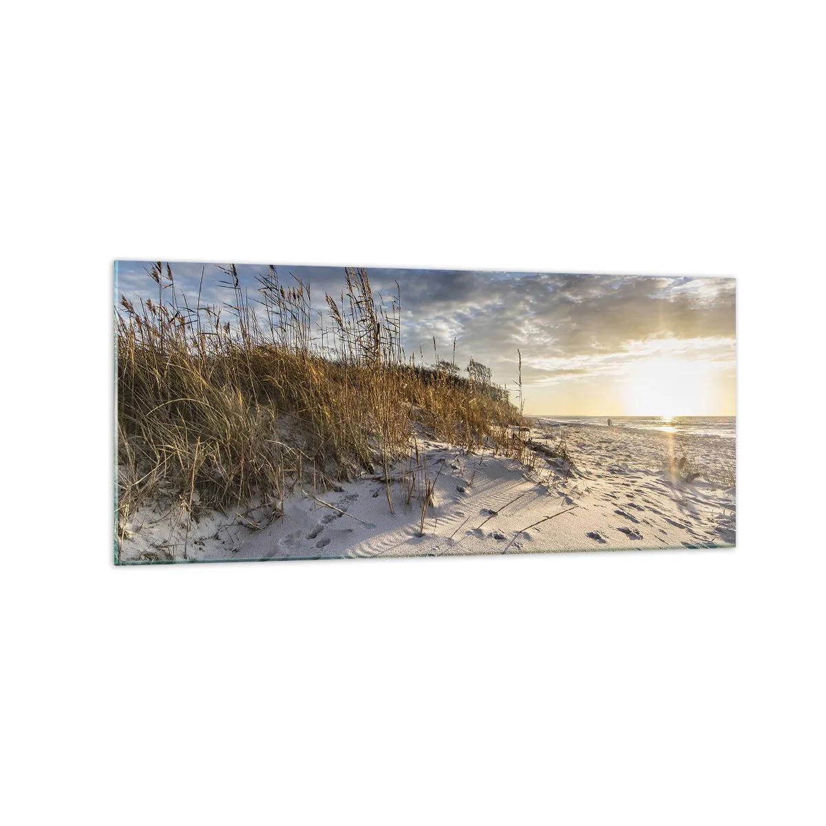 Cuadro sobre vidrio - Impresiones sobre Vidrio - Dunas con hierba y huellas en la arena al atardecer - 120x50cm - Invitación a un paseo - Decoración de pared moderna para salón y dormitorio ARTTOR