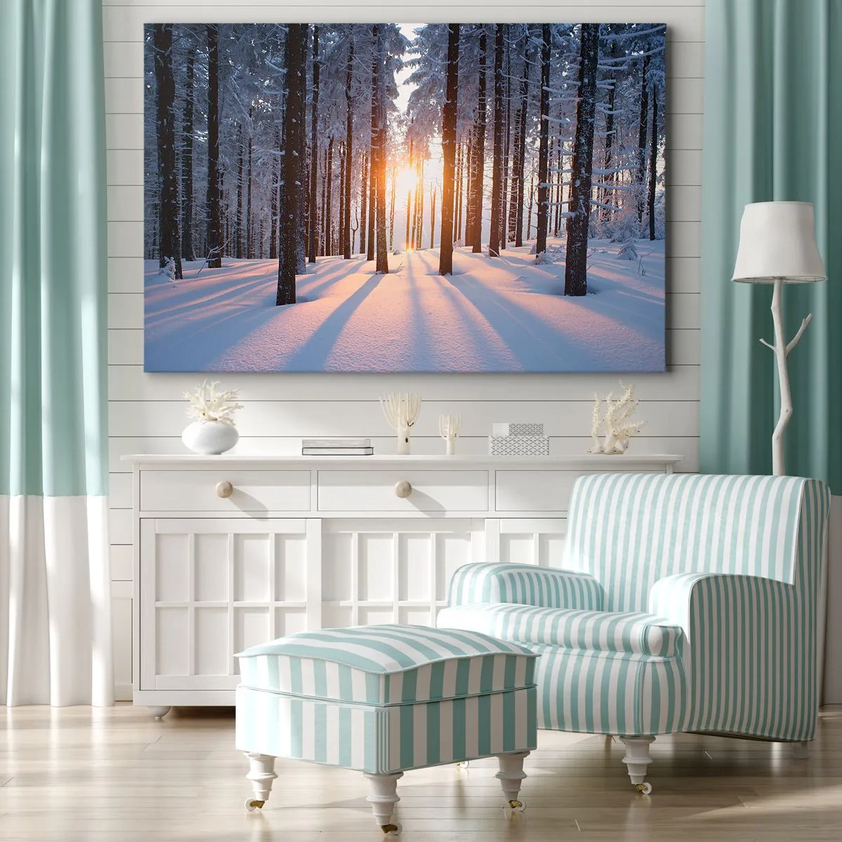 Cuadro sobre lienzo - Impresión de Imagen - Bosque invernal iluminado por los rayos del sol. - 120x80cm - Claramente en blanco y negro - Decoración de pared moderna para salón y dormitorio ARTTOR