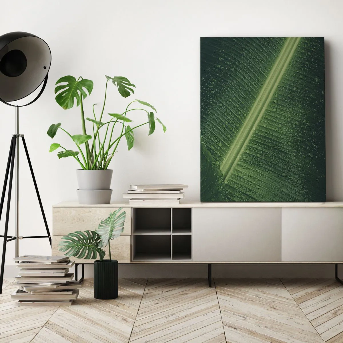 Cuadro sobre lienzo - Impresión de Imagen - Una hoja verde con gotas de agua en su superficie. - 50x70cm - Estructura del verde - Decoración de pared moderna para salón y dormitorio ARTTOR
