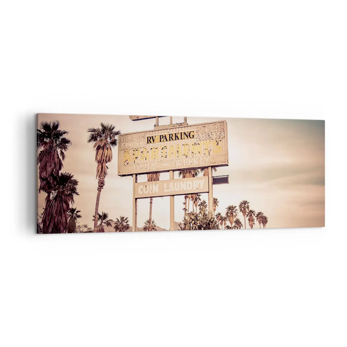 Cuadro sobre lienzo - Impresión de Imagen - Letrero de motel retro rodeado de palmeras - 140x50cm - El tiempo se detuvo - Decoración de pared moderna para salón y dormitorio ARTTOR
