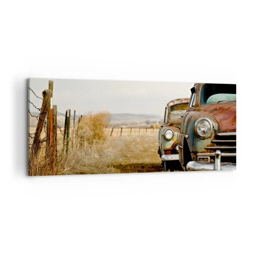 Cuadro sobre lienzo - Impresión de Imagen - Dos coches viejos en un camino de tierra junto a una valla de madera. - 120x50cm - Un merecido descanso - Decoración de pared moderna para salón y dormitorio ARTTOR