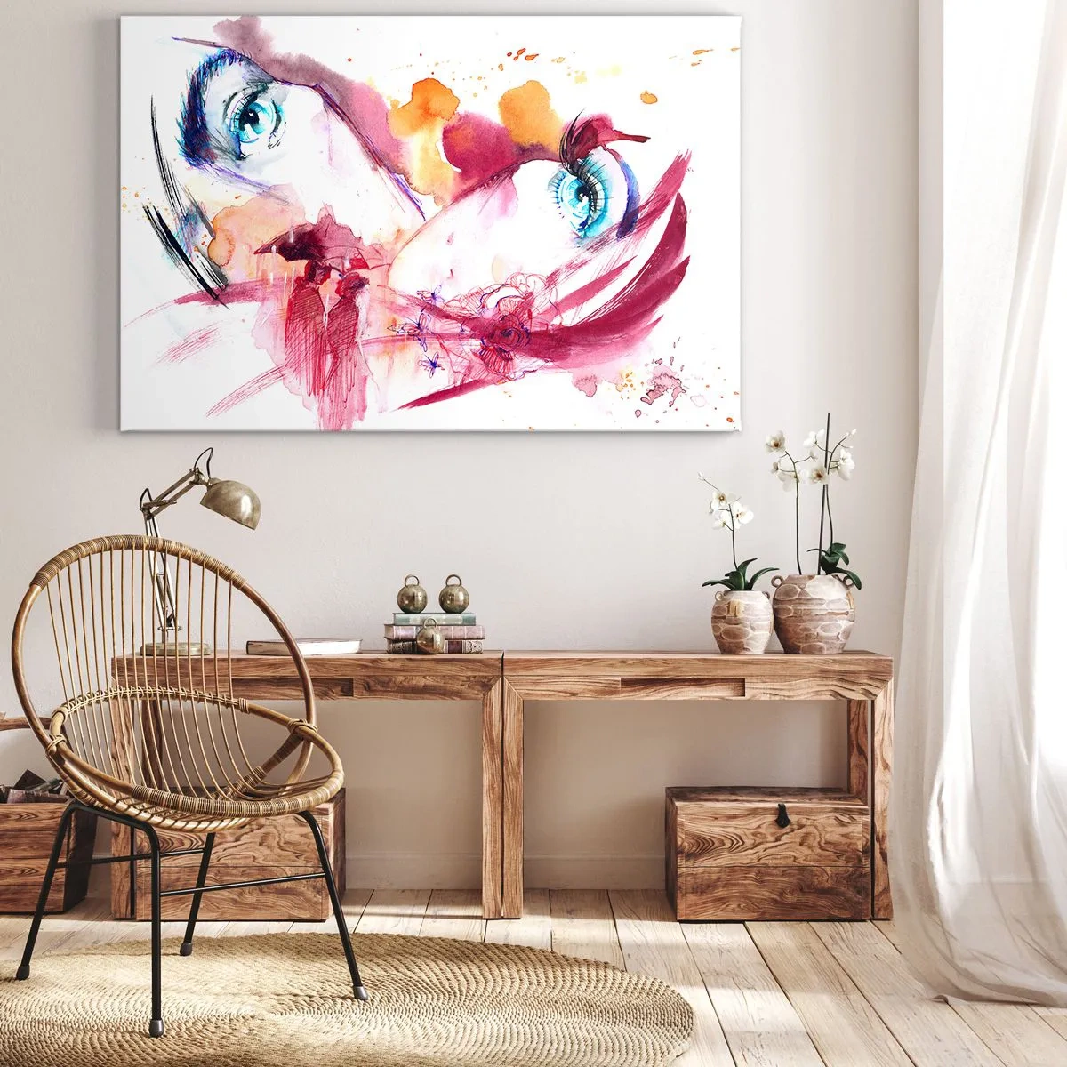 Cuadro sobre lienzo - Impresión de Imagen - Un rostro abstracto con ojos expresivos y acentos rojos. - 70x50cm - En la cercanía el mundo florece - Decoración de pared moderna para salón y dormitorio ARTTOR