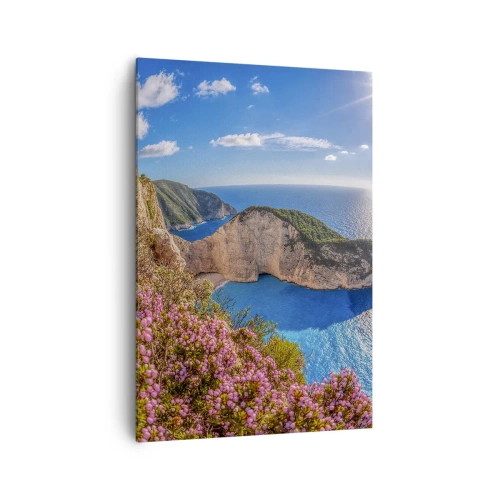 Cuadro sobre lienzo - Impresión de Imagen - Un acantilado con flores, un mar turquesa y un soleado paisaje griego. - 70x100cm - Mis grandes vacaciones en Grecia - Decoración de pared moderna para salón y dormitorio ARTTOR
