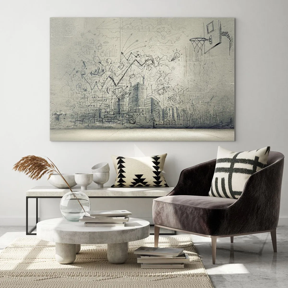 Cuadro sobre vidrio - Impresiones sobre Vidrio - Boceto gráfico con elementos empresariales y creativos. - 70x50cm - Mi gloriosa vida en la ciudad - Decoración de pared moderna para salón y dormitorio ARTTOR