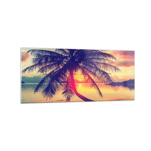 Cuadro sobre vidrio - Impresiones sobre Vidrio - Puesta de sol con una palmera sobre una orilla tranquila - 120x50cm - Atardecer bajo las palmeras - Decoración de pared moderna para salón y dormitorio ARTTOR