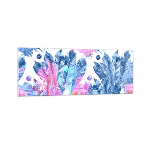 Cuadro sobre vidrio - Impresiones sobre Vidrio - Patrón abstracto con plumas de colores en tonos pastel. - 140x50cm - Plumas de color rosa y azul - Decoración de pared moderna para salón y dormitorio ARTTOR