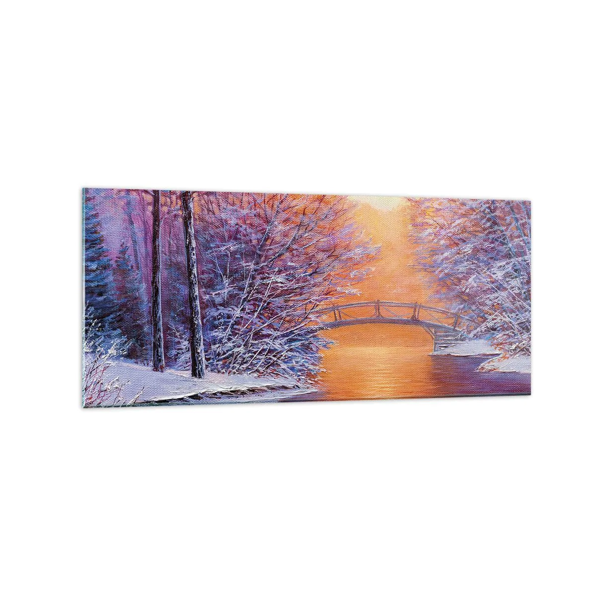 Cuadro sobre vidrio - Impresiones sobre Vidrio - Paisaje invernal con puente y puesta de sol - 120x50cm - Reunámonos aquí - Decoración de pared moderna para salón y dormitorio ARTTOR