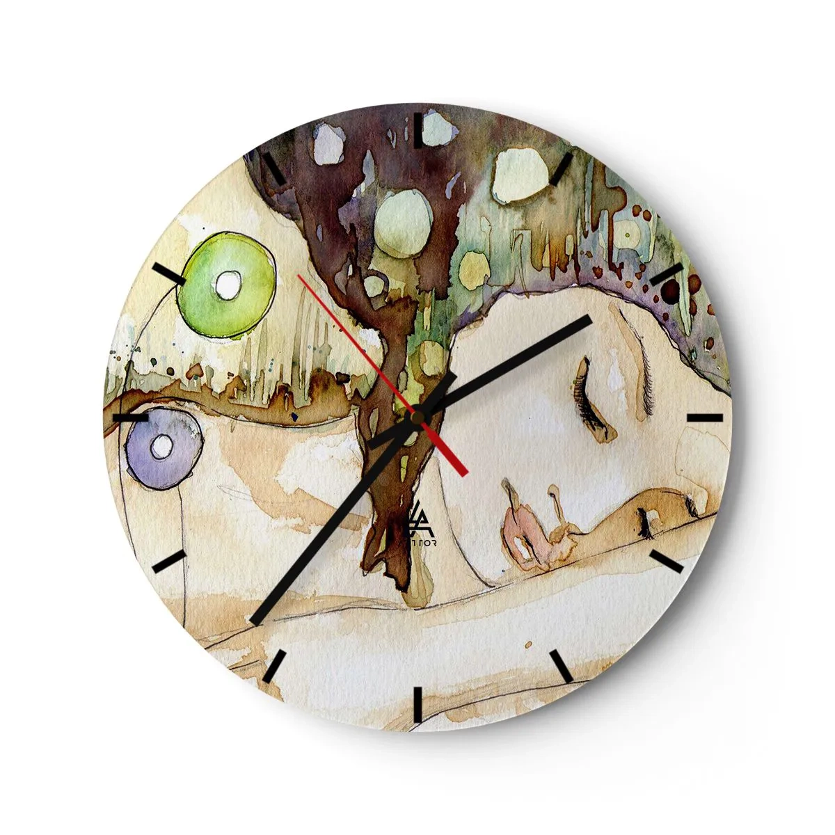 Reloj de pared - Reloj de vidrio - Pintura de acuarela abstracta con motivo de rostro femenino. - 30x30cm - Sueño esmeralda y violeta - Decoración de pared moderna para salón, cocina y dormitorio ARTTOR