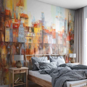 Fotomural Premium Sand - Un pintoresco panorama de la ciudad con el puente reflejado en el agua. - 100x70cm - Puente y ciudad - Decoración de pared moderna para salón y dormitorio ARTTOR