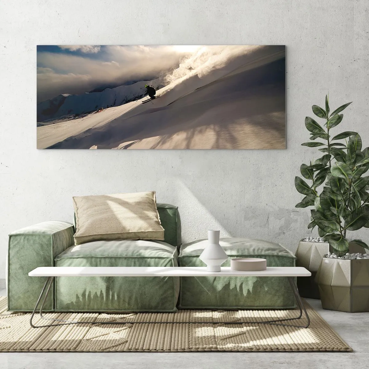 Cuadro sobre vidrio - Impresiones sobre Vidrio - Un esquiador en una pendiente rodeada de montañas y nieve. - 120x50cm - Reto de montaña asumido - Decoración de pared moderna para salón y dormitorio ARTTOR