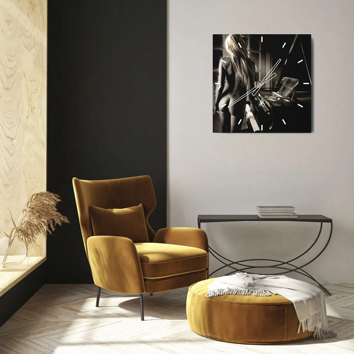 Reloj de pared - Reloj de vidrio - Desnudo femenino al piano en estilo blanco y negro - 30x30cm - Perfecta armonía de la noche - Decoración de pared moderna para salón y dormitorio ARTTOR