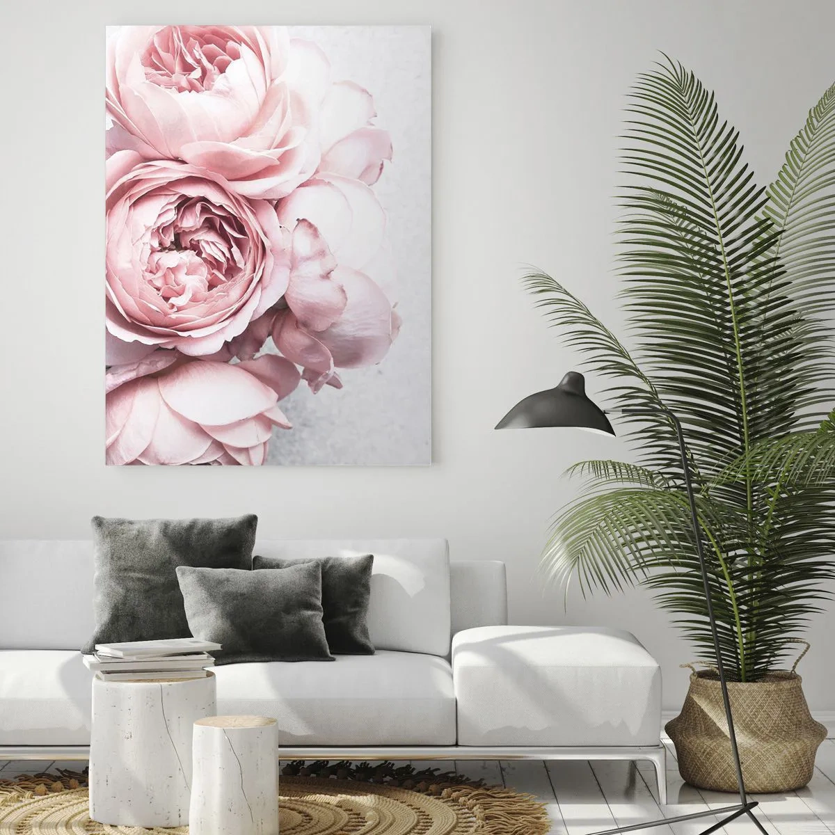 Cuadro sobre vidrio - Impresiones sobre Vidrio - Peonías rosas en una luz suave sobre un fondo claro. - 70x100cm - Para los románticos - Decoración de pared moderna para salón y dormitorio ARTTOR