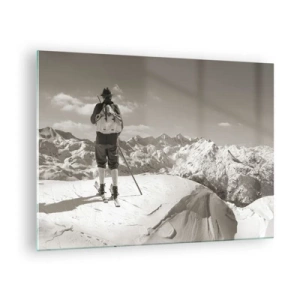 Cuadro sobre vidrio - Impresiones sobre Vidrio - Esquiador en la cima de una montaña en blanco y negro - 70x50cm - El techo del mundo - Decoración de pared moderna para salón y dormitorio ARTTOR