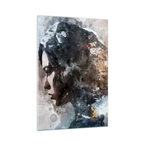 Cuadro sobre vidrio - Impresiones sobre Vidrio - Retrato de una mujer que combina su rostro con un paisaje urbano de fondo. - 80x120cm - Una historia sobre una niña con una ciudad de fondo - Decoración de pared moderna para salón y dormitorio ARTTOR