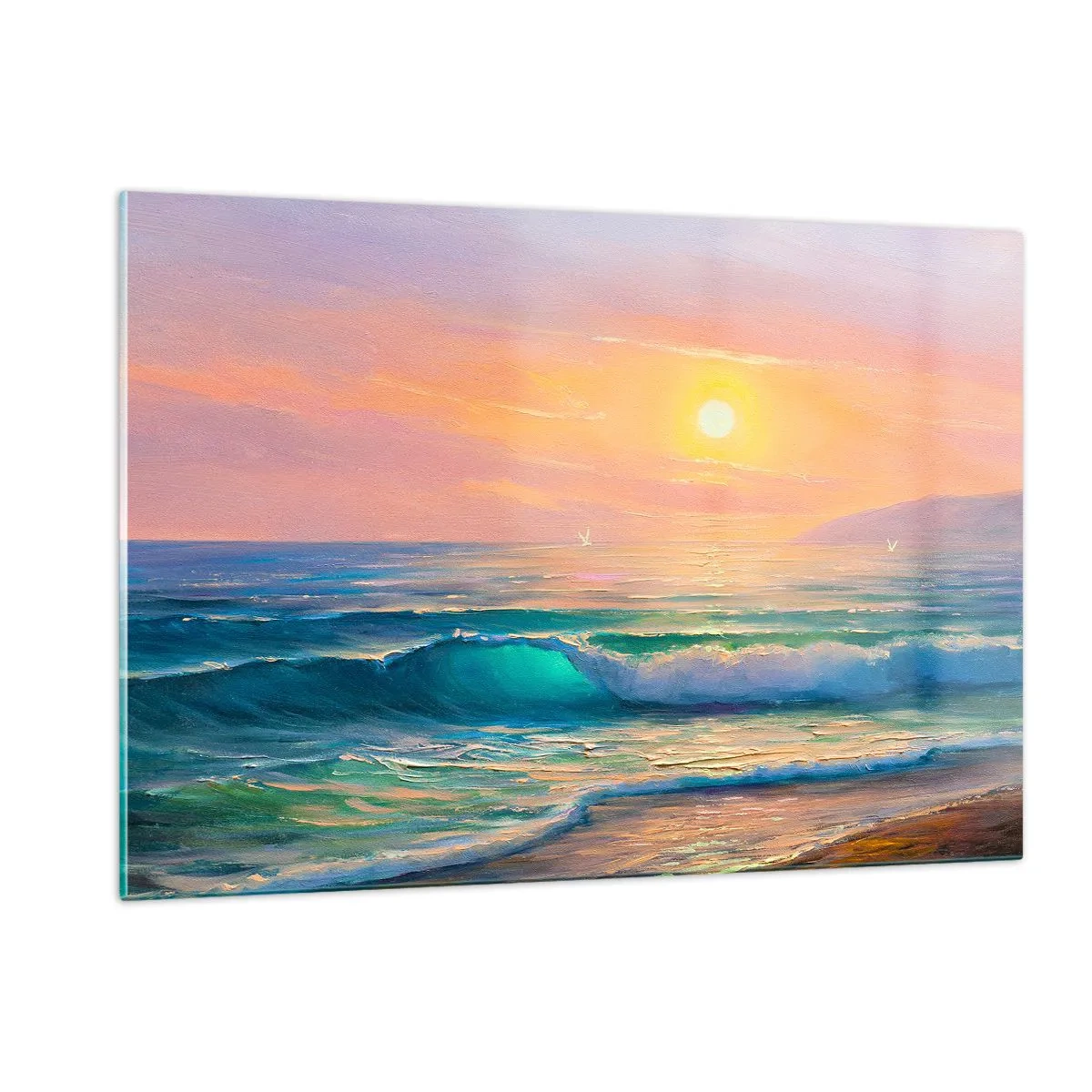 Cuadro sobre vidrio - Impresiones sobre Vidrio - Paisaje marino con olas y puesta de sol en tonos turquesas - 120x80cm - El canto turquesa de las olas - Decoración de pared moderna para salón y dormitorio ARTTOR