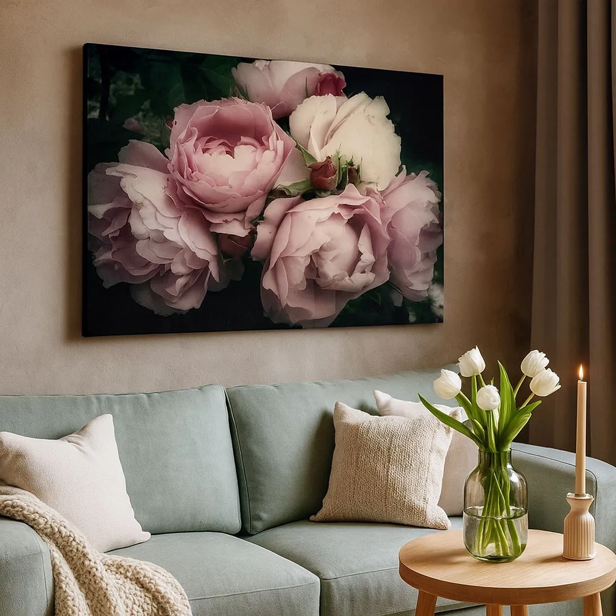 Cuadro sobre lienzo - Impresión de Imagen - Un ramo de rosas en delicados tonos rosa y blanco. - 70x50cm - El encanto de la belle époque - Decoración de pared moderna para salón y dormitorio ARTTOR