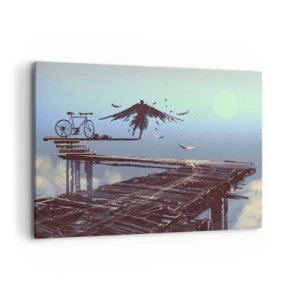 Cuadro sobre lienzo - Impresión de Imagen - Una figura con plumas flota sobre un puente de madera al lado de una bicicleta. - 100x70cm - Ícaro eternamente vivo - Decoración de pared moderna para salón y dormitorio ARTTOR