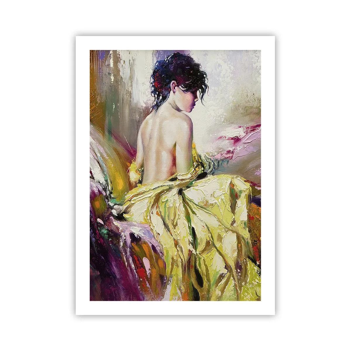 Póster - La figura de una mujer con un vestido amarillo sobre un fondo pintado. - 50x70cm - La hermosura y frescura de la flor - Decoración de pared moderna para salón y dormitorio ARTTOR