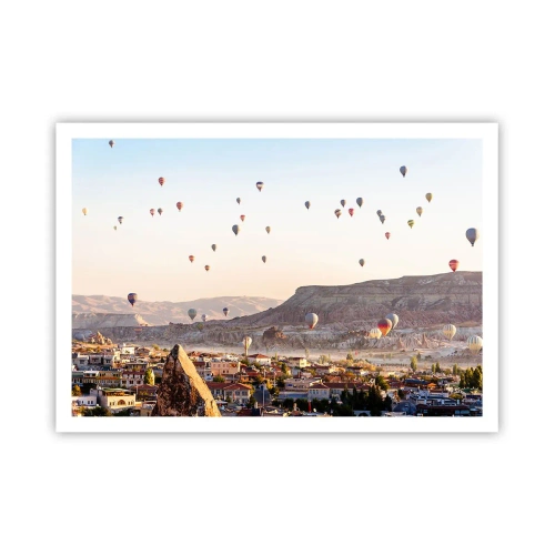 Póster - Capadocia con globos con el telón de fondo de pintorescas colinas. - 100x70cm - Surcando los cielos - Decoración de pared moderna para salón y dormitorio ARTTOR