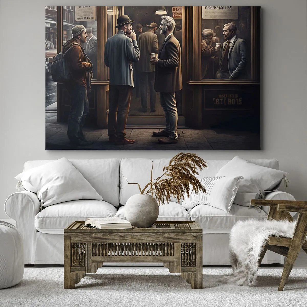 Cuadro sobre lienzo - Impresión de Imagen - Escena callejera con gente frente a un café retro. - 120x80cm - Un buen momento del día - Decoración de pared moderna para salón y dormitorio ARTTOR