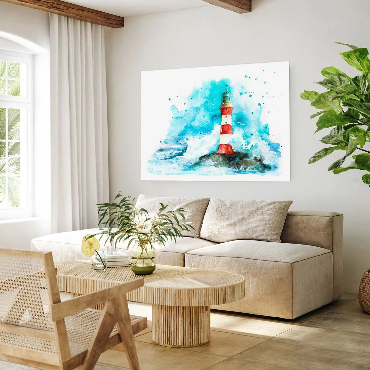 Póster - Un faro en un entorno de acuarela con un fondo azul. - 100x70cm - La unidad de los elementos - Decoración de pared moderna para salón y dormitorio ARTTOR